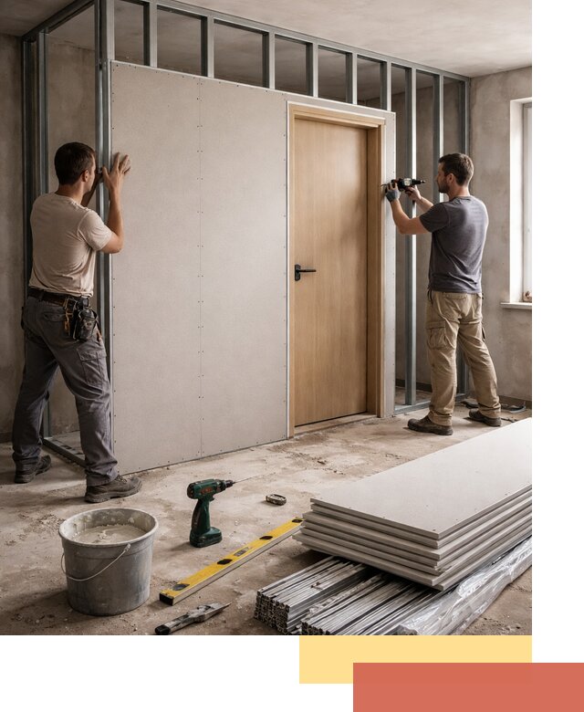 Перегородка из гипсокартона с дверью под ключ в Керчи