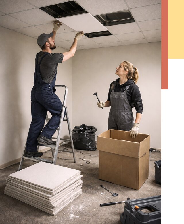 Демонтаж потолочной плитки в Керчи от 4595 руб. быстро и недорого | ОТДЕЛОЧНИК-Крч