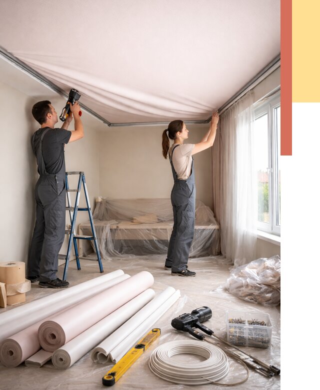 Монтаж цветного натяжного потолка в Керчи от 4289 руб/м² — быстро и недорого | ОТДЕЛОЧНИК-Крч