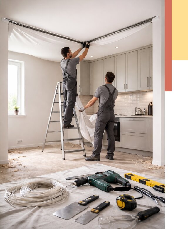 Установка натяжного потолка на кухне в Керчи от 2451 руб. | ОТДЕЛОЧНИК-Крч