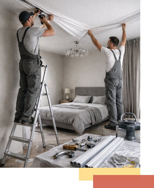 Монтаж натяжного потолка в спальне в Керчи