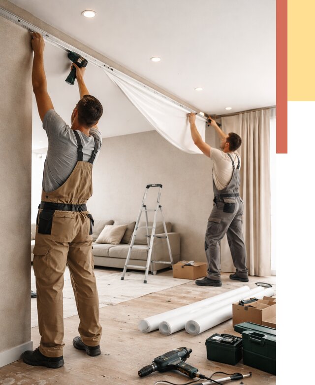 Монтаж натяжного потолка в гостиной в Керчи от 562 руб. | ОТДЕЛОЧНИК-Крч