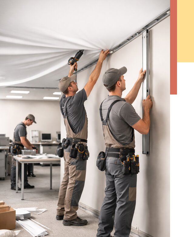 Монтаж натяжного потолка в офисе в Керчи от 460 руб/м² — быстро и недорого | ОТДЕЛОЧНИК-Крч