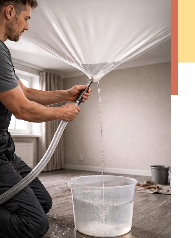 Слив воды с натяжного потолка в Керчи от 2553 руб. быстро и недорого | ОТДЕЛОЧНИК-Крч