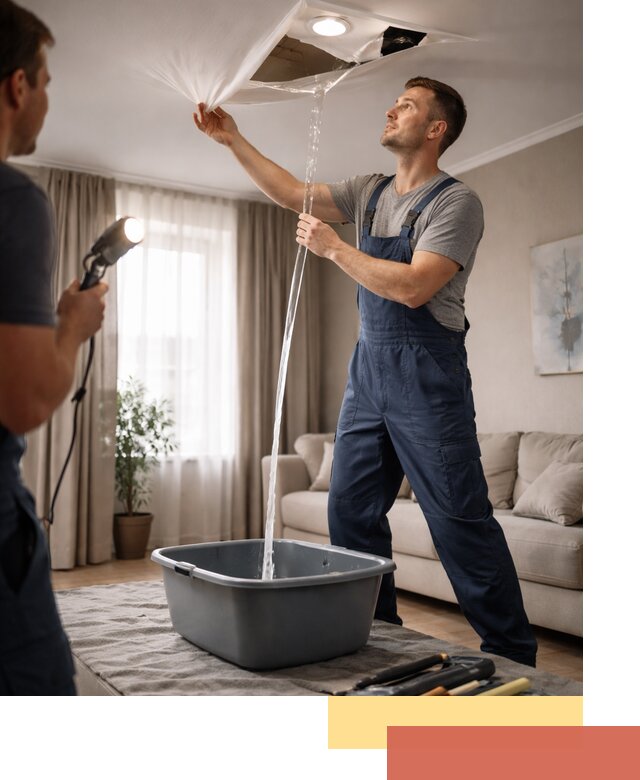 Слив воды с натяжного потолка в Керчи быстро и аккуратно