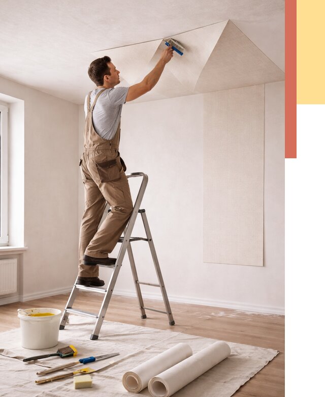 Поклейка обоев на потолок в Керчи от 4595 руб. быстро и недорого | ОТДЕЛОЧНИК-Крч